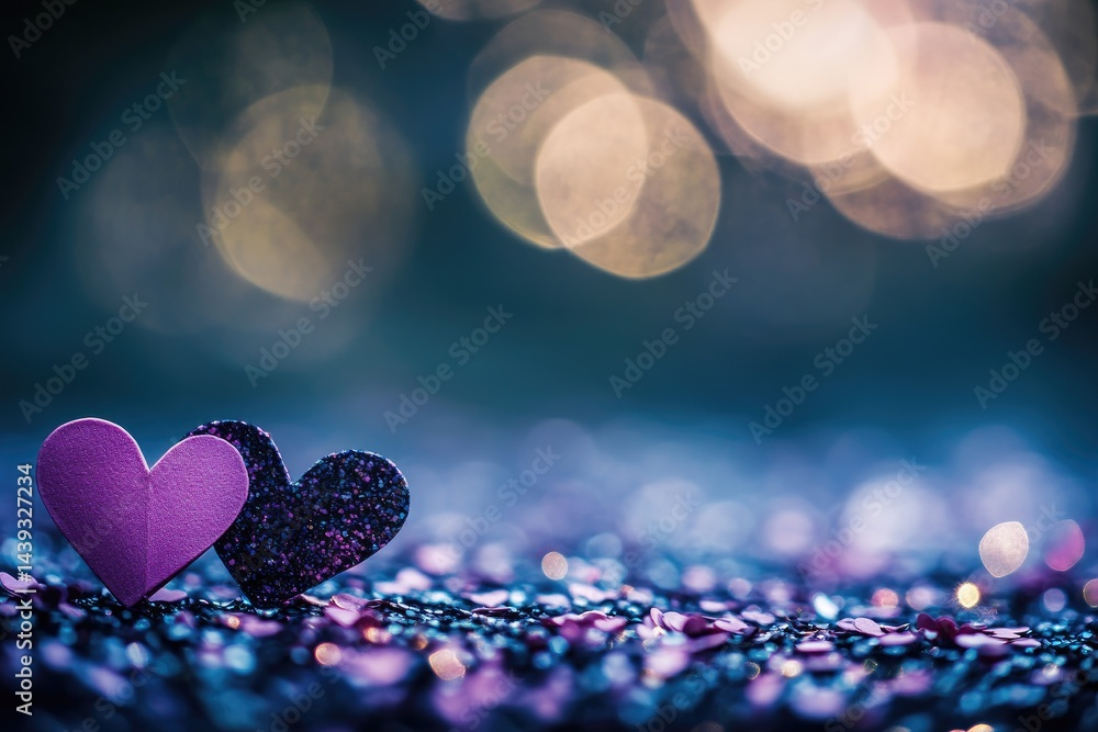 Poster two hearts rest on glittering surface, bokeh background