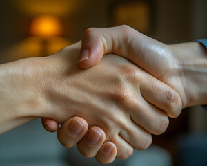Two hands clasped firmly in a handshake creating a sense of unity and agreement in blurred background