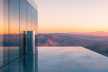 A minimalist glass building with a mountain view at sunset, featuring a sleek, modern energy storage unit.