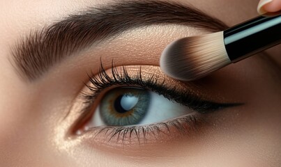 Close-up of eye makeup application with brush highlighting eyelid and lashes