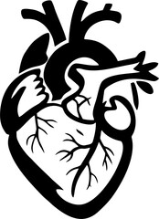 Black silhouette illustration of a human heart with arteries and veins on a light gray background.