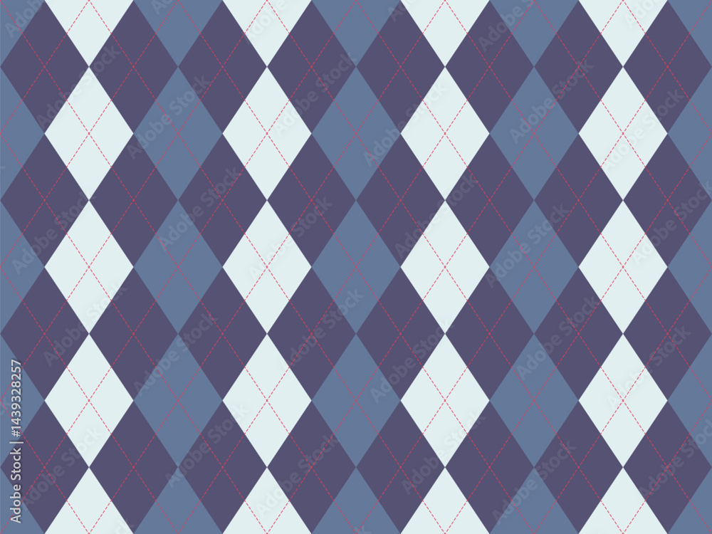 Poster Elegant argyle pattern in muted blues and offwhite, accented with thin red stitching.  Perfect for textiles, backgrounds, or web design, evoking sophistication and classic style.