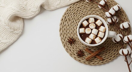 Enjoying Hot Chocolate with Marshmallows and Cozy Blanket Still Life