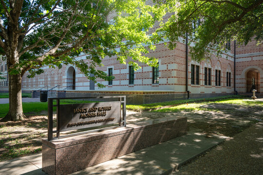 Houston, TX, USA - Apr 13, 2025: Robert and Janice McNair Hall, which houses the Jesse H. Jones Graduate School of Business, on Rice University's campus in Houston, Texas.