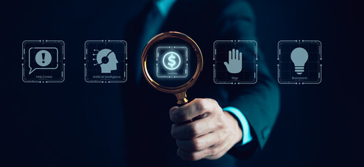 A businessman holds a magnifying glass over a dollar sign icon, symbolizing financial analysis, cost data, and business intelligence. Digital technology icons represent AI, help center, brainstorming.