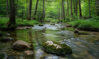 Obraz premium Serene forest stream flowing through lush greenery and mossy rocks in tranquil woodland