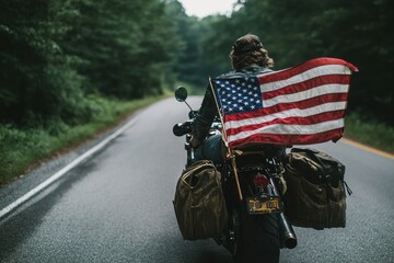 A woman is riding a motorcycle with an American flag on the back