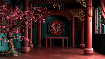 Fototapeta premium Luxurious Chinese interior, cherry blossoms, serene ambiance, empty space for product placement