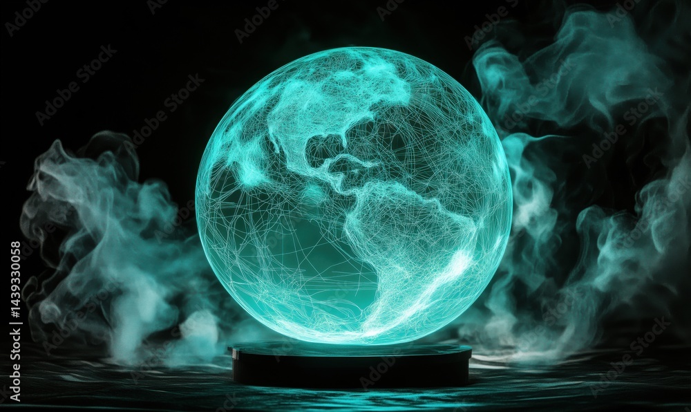 Poster glowing 3d globe with network lines and smoke effects representing global connectivity