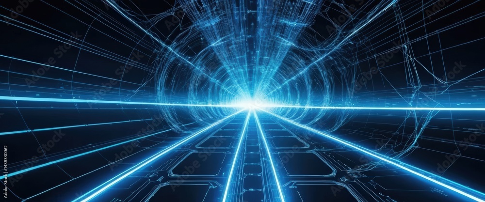 Poster a futuristic tunnel featuring vibrant blue lines and dynamic light trails, creating a sense of motio