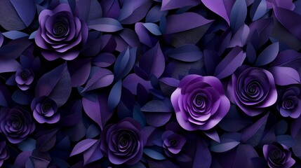 Elegant purple roses and dark leaves background design for floral decoration, paper crafts, and digital artwork projects
