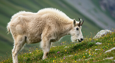 Fototapeta premium Mountain Goat Eating Grass in Alpine Meadow with Mountain Landscape — Close-Up