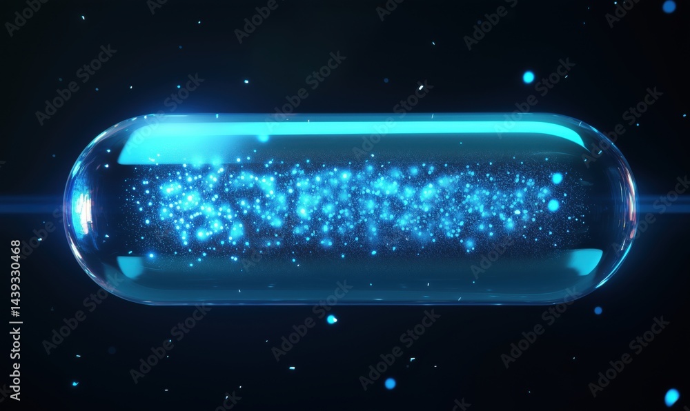 Poster futuristic glowing capsule with sparkling particles in dark space background