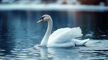 Obraz premium Elegant white swan gracefully gliding across a serene lake, amidst a gentle rain, reflecting peace.