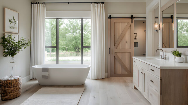 Fototapeta Elegant bathroom connected to bedroom, freestanding tub facing panoramic window, oak sliding barn door separating spaces, soft gray plaster walls, natural linen curtains, neutral Scandinavian color