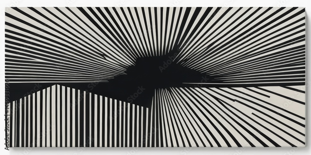 Poster a striking black and white painting featuring bold, dynamic stripes of varying widths, creating a se