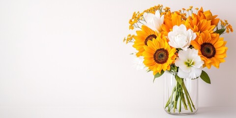 Sunflowers and White Flowers in a Glass Vase