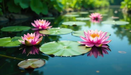 Water lilies forming a floral pattern across a still lake, leaves, nature