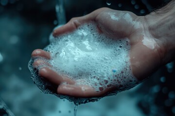 A hand is holding a stream of water, and the water is foamy