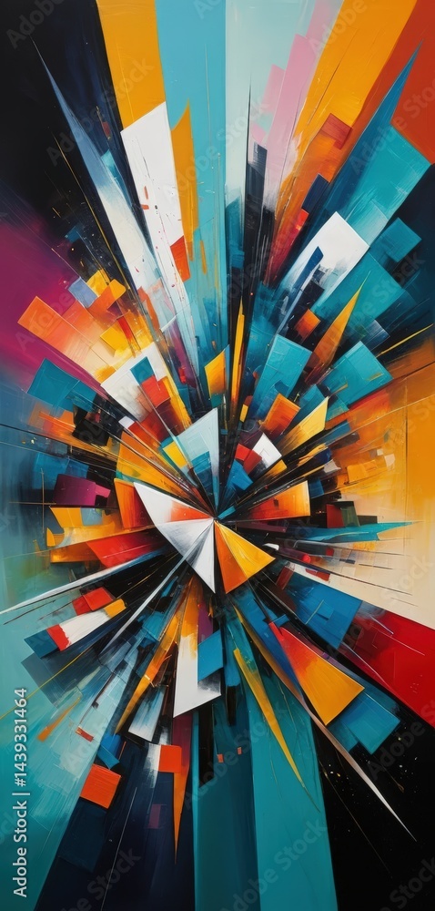 Poster a vibrant painting featuring an array of abstract shapes in bold colors, including reds, blues, yell