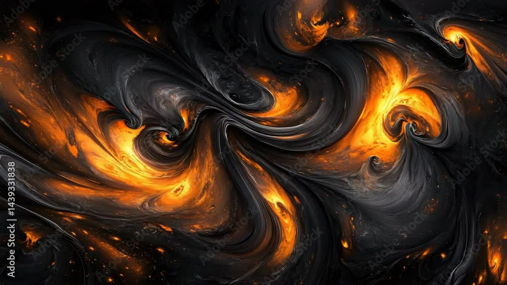 Poster vibrant black and orange swirl design creating a striking abstract art piece with dynamic movement
