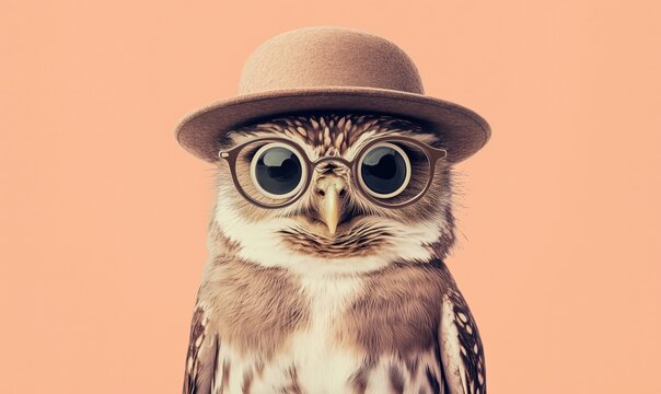 Owl wearing glasses and a hat against a pastel background for whimsical animal photography