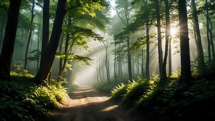 Obraz premium Sunlight Piercing the Morning Forest Trail