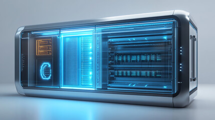 Obraz premium Hyper-realistic 8K rendering of a next-gen hydrogen-powered data center with modular racks, advanced cooling, and sleek high-tech materials. Futuristic, energy-efficient, and ultra-detailed