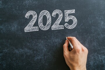 Hand writing the year 2025 on a chalkboard
