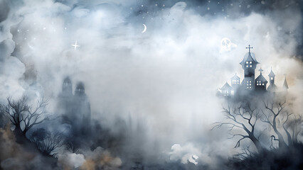"Abstract Halloween watercolor background in foggy grays and ghostly whites with ethereal atmosphere and copy space