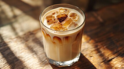 Iced hibiscus beverage in clear glass, garnished with mint, flower petals scattered around it.