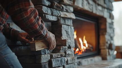 Fototapeta premium Person Stacking Wood by a Stone Fireplace