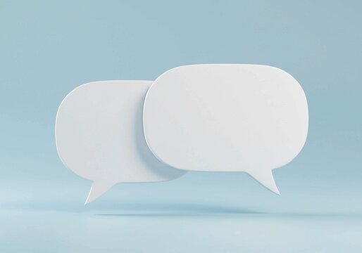Two white chat bubbles with a clean, minimalist design and soft shadows are shown overlapping on a light blue background, symbolizing online messaging or conversation