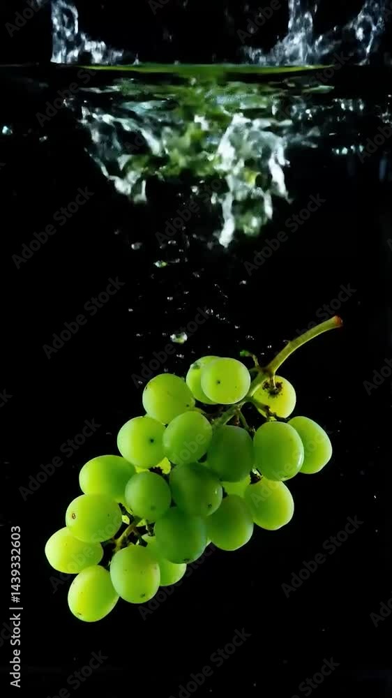 Poster A visually striking underwater scene of green grapes submerged in water with bubbles rising. Soft lighting accentuates the texture of the grapes, creating a vibrant, refreshing mood.