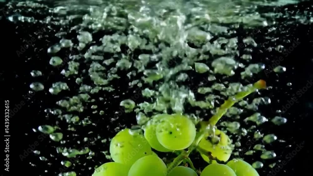 Poster A visually striking underwater scene of green grapes submerged in water with bubbles rising. Soft lighting accentuates the texture of the grapes, creating a vibrant, refreshing mood.