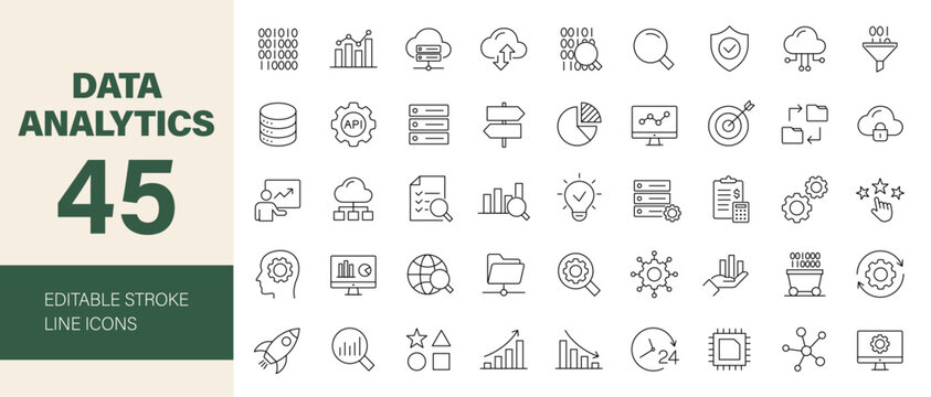 Data analytics icon set. Containing database, statistics, analysis, server, financial, SEO, monitoring, graph, hosting, data mining and more. Editable line icons. Vector illustration.