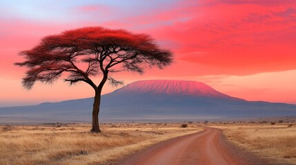 Fototapeta premium Serene African Sunset with Acacia Tree and Dusty Road