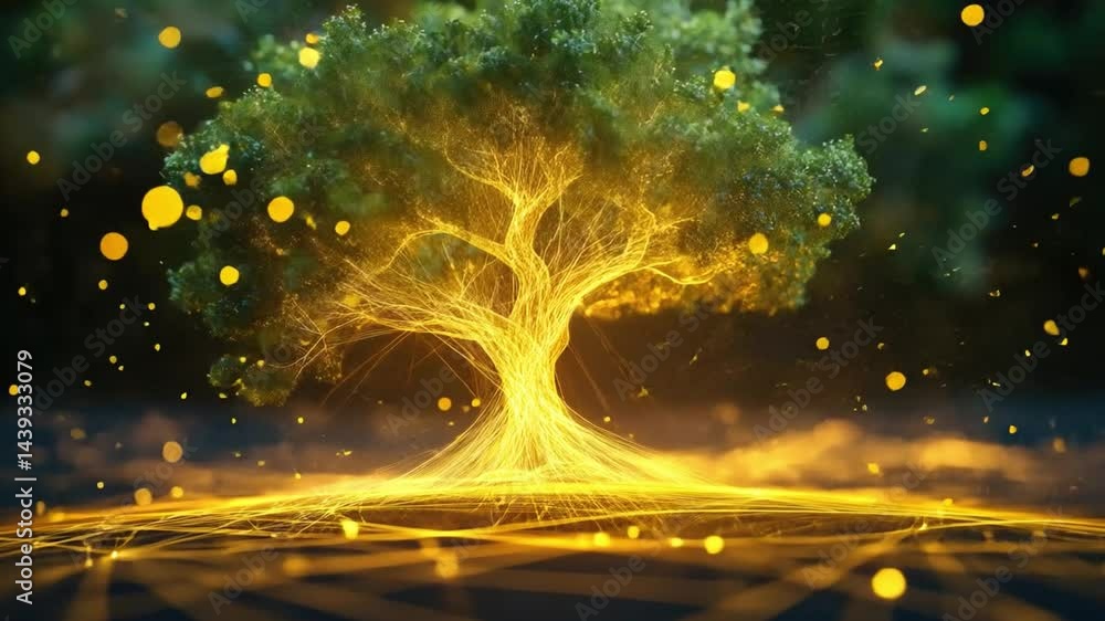 Poster enchanting glowing tree with golden roots and vibrant branches surrounded by magical particles and e