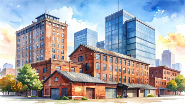 Urban watercolor painting of old brick warehouses beside modern glass skyscrapers, showcasing blend of vintage and contemporary architecture. scene evokes sense of nostalgia and progress