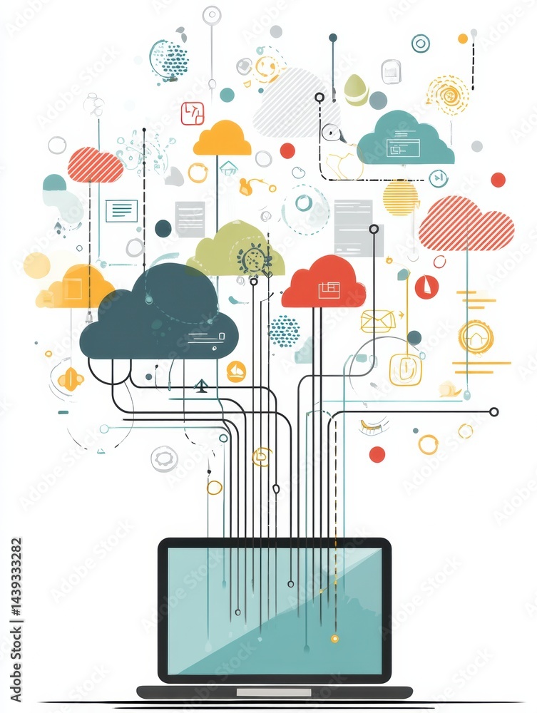 Aufkleber stylized laptop with digital clouds and icons representing modern technology and data integration in