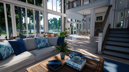 Sunny Florida beachfront house interior, living room with water view