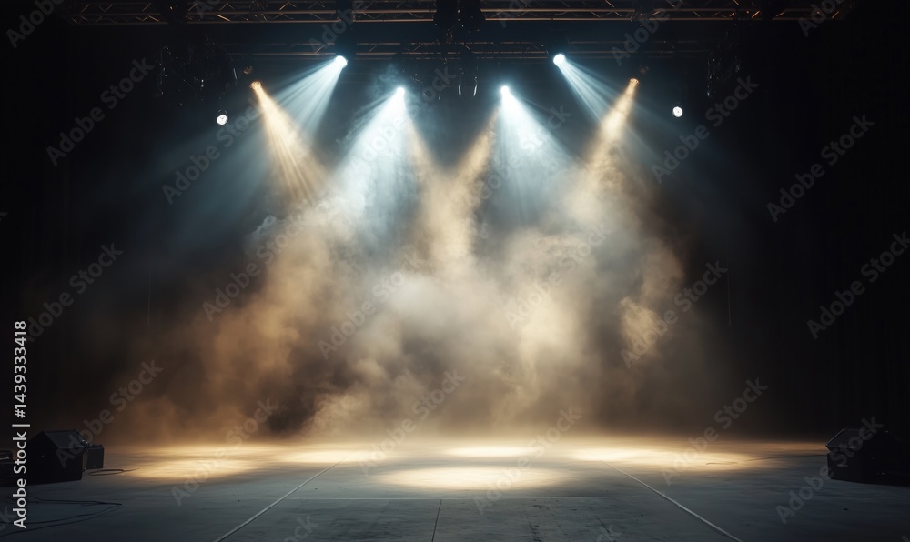 Poster dramatic stage lighting with fog effects creating an atmospheric performance space