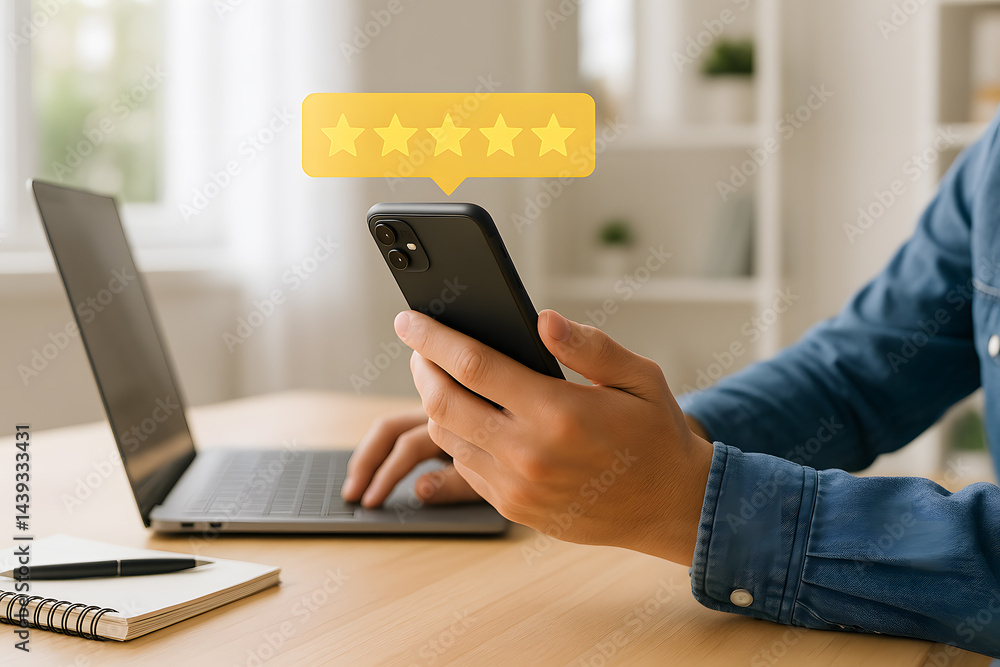 Poster man using smartphone to rate and review a product or service online