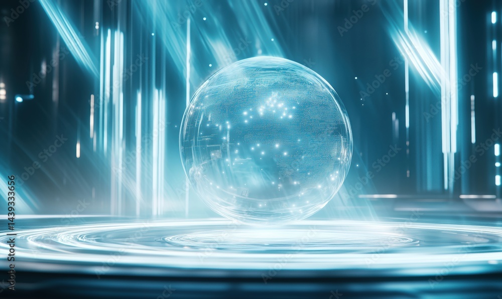 Poster futuristic glowing sphere with digital patterns in a high-tech environment