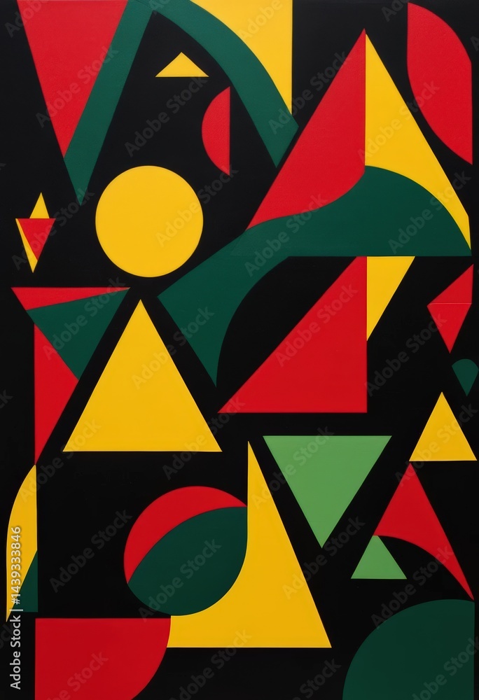 Poster a vibrant abstract painting featuring a dynamic arrangement of geometric shapes in a spectrum of col