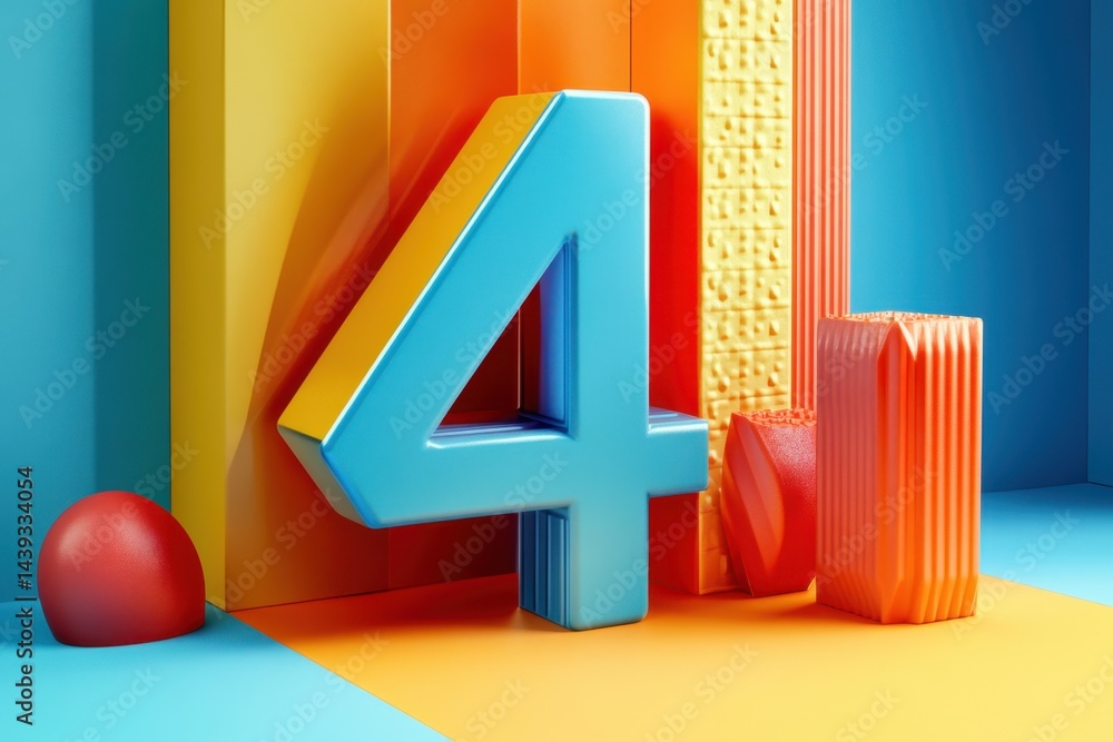 Poster The number 4 is surrounded by colorful shapes and objects, creating a playful