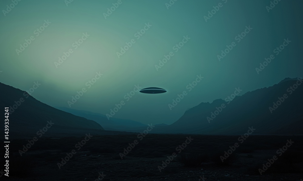 Poster mysterious ufo hovering over a desolate valley at twilight