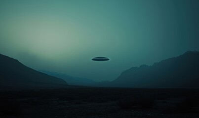Mysterious UFO hovering over a desolate valley at twilight