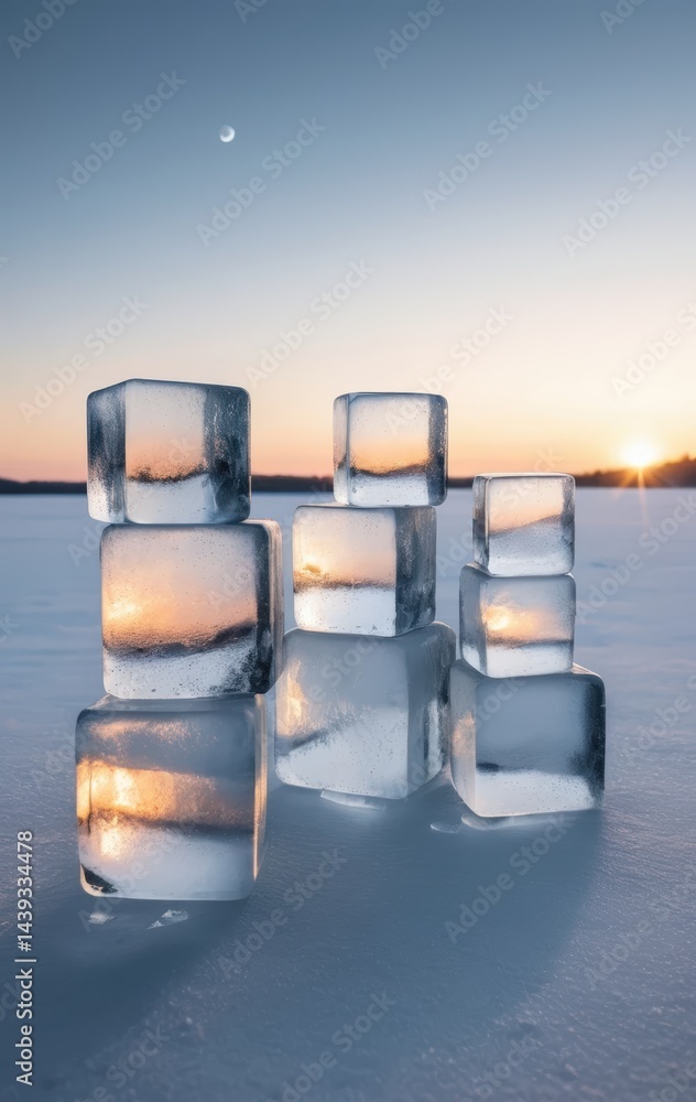Poster a cluster of clear ice cubes resting on a blanket of pristine white snow, glistening under the sunli
