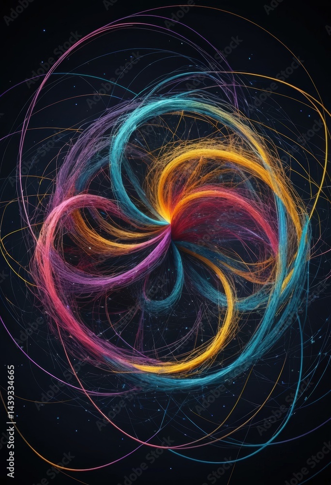 Poster vibrant, swirling abstract lines in a spectrum of colors dance across a deep black background, creat